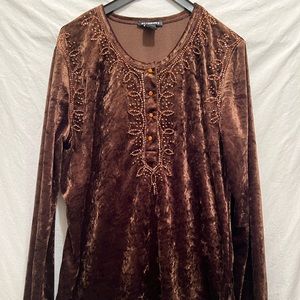 Women’s Brown Velvet Demi Large Long Sleeve Tunic w/ Embroidered Button Down Frt